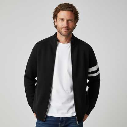 Modern men's versatile knit zip sweater, a refined casual top ideal for layering in fall & winter fashion.