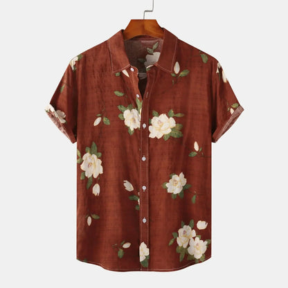 Men's short sleeve floral button-up shirt, vibrant Amalfi design, ideal casual beachwear or summer vacation resort wear.