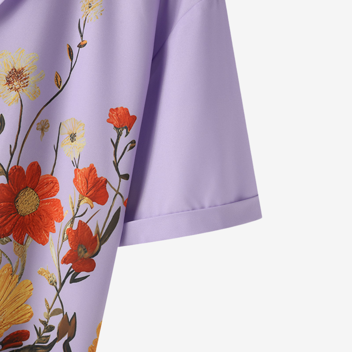 Side view of men's vibrant floral button-up shirt, offering a stylish and casual look for summer fashion.