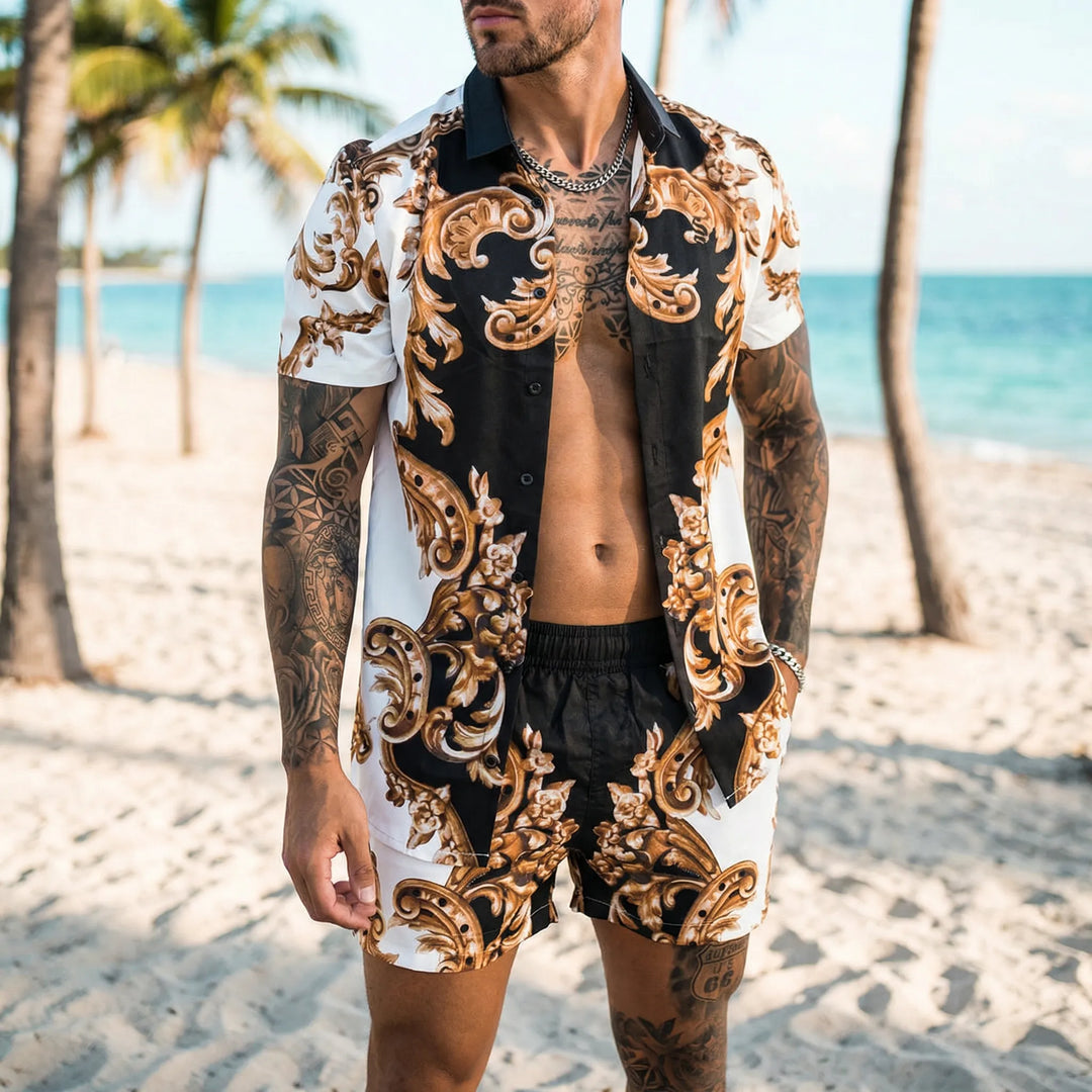 Men's vibrant graphic printed relaxed fit two-piece summer set with shirt & shorts for casual wear.