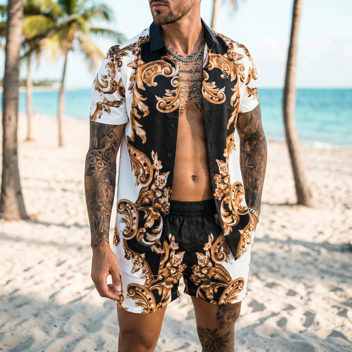 Men's vibrant graphic printed relaxed fit two-piece summer set with shirt & shorts for casual wear.