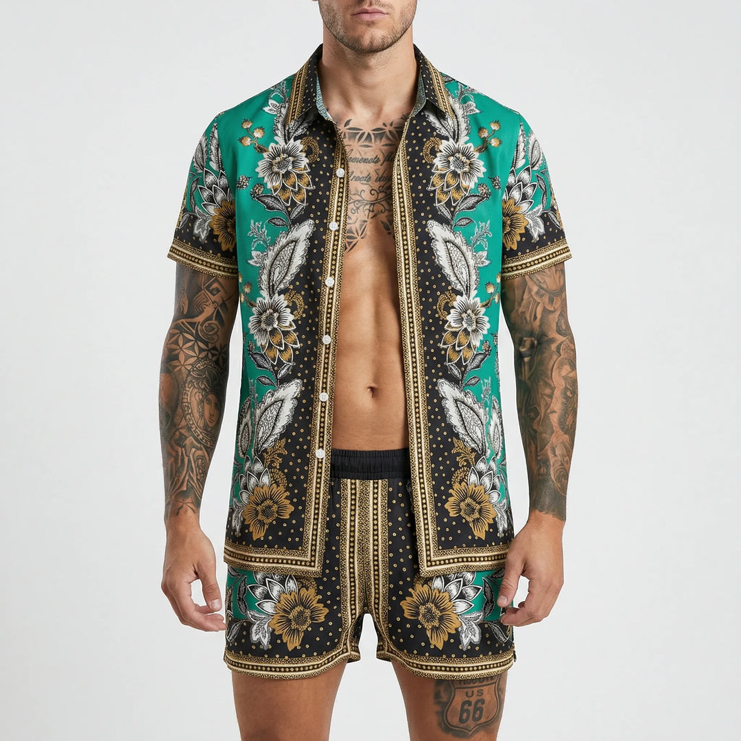 Front view of men's relaxed fit vibrant printed two-piece summer set with a stylish graphic design.