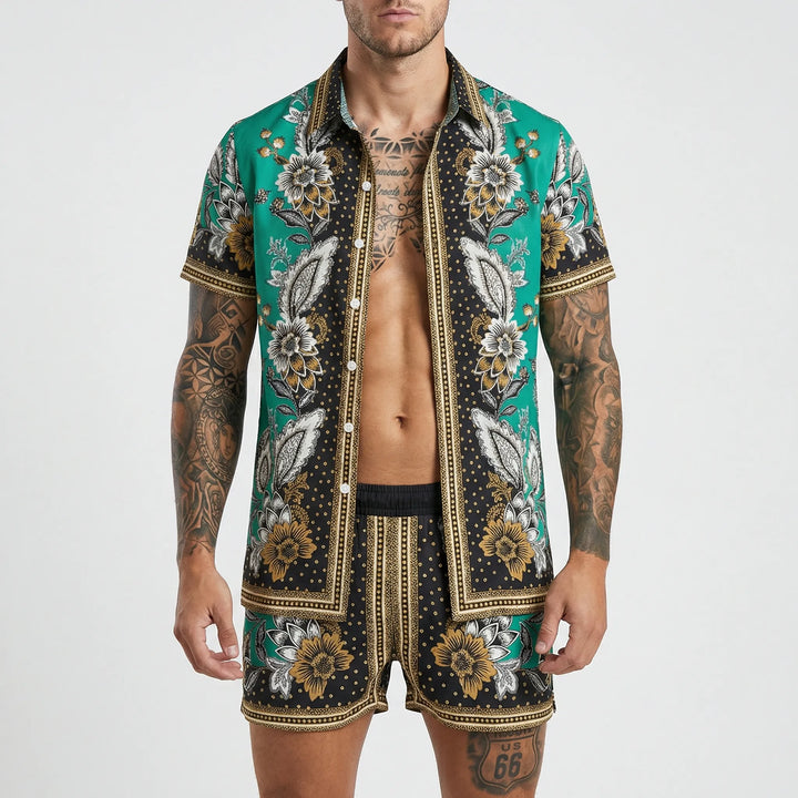 Front view of men's relaxed fit vibrant printed two-piece summer set with a stylish graphic design.