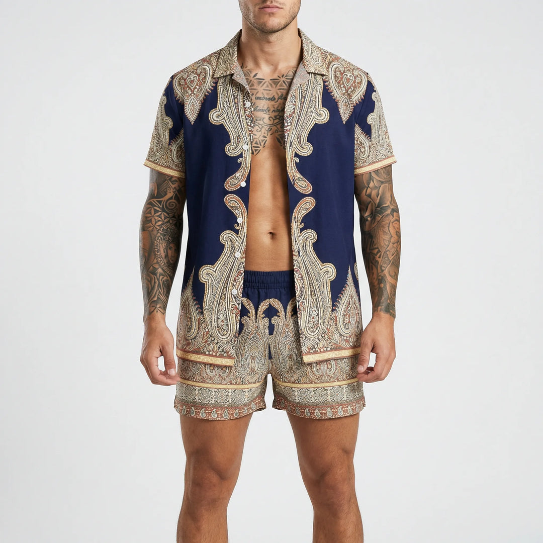Back view of men's casual printed two-piece summer set, relaxed shirt & shorts combo for summer.