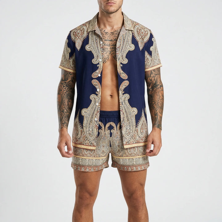 Back view of men's casual printed two-piece summer set, relaxed shirt & shorts combo for summer.