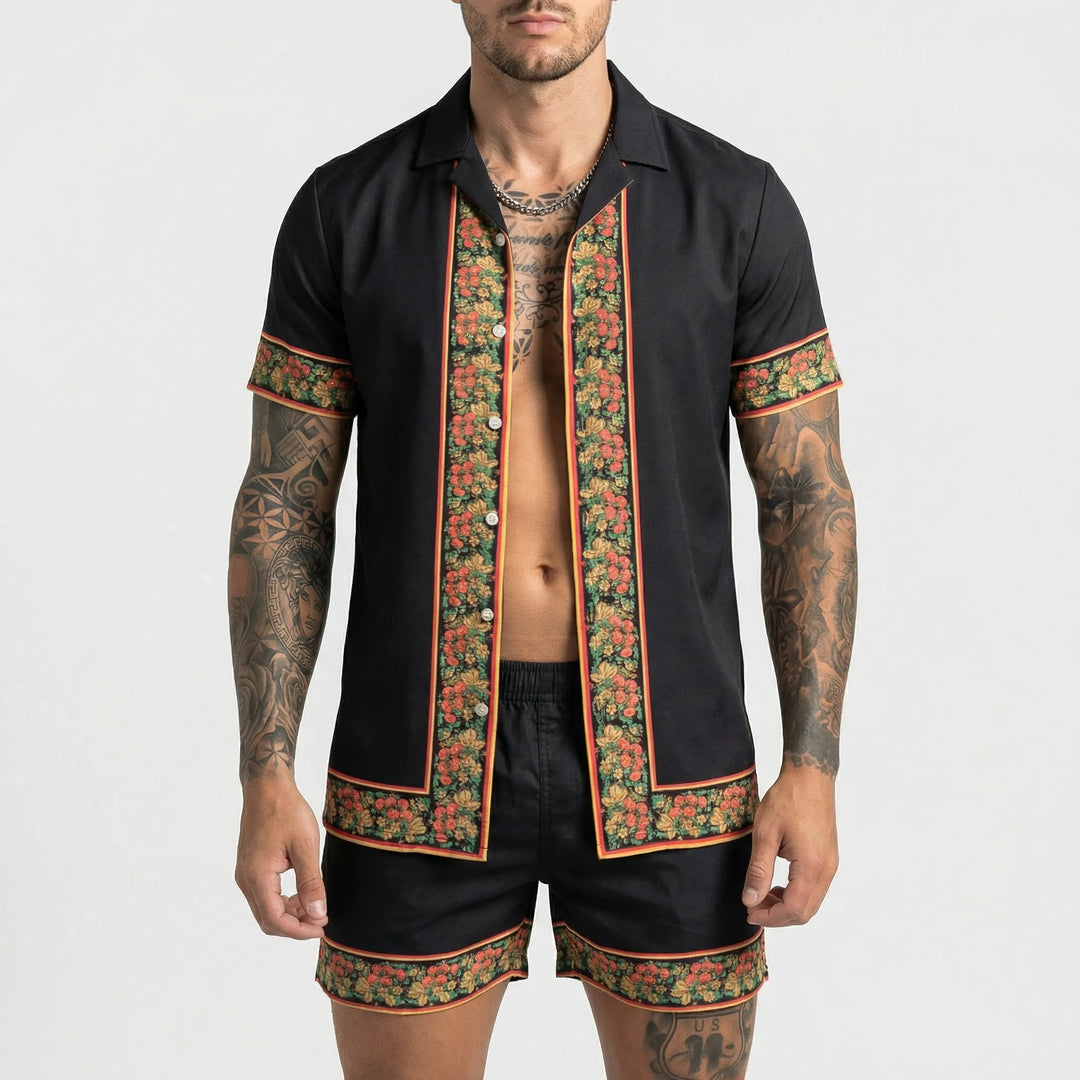 Men's graphic printed two-piece summer set: relaxed fit shirt & shorts, ideal for vacation casual fashion.