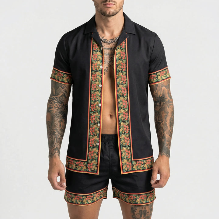 Men's graphic printed two-piece summer set: relaxed fit shirt & shorts, ideal for vacation casual fashion.
