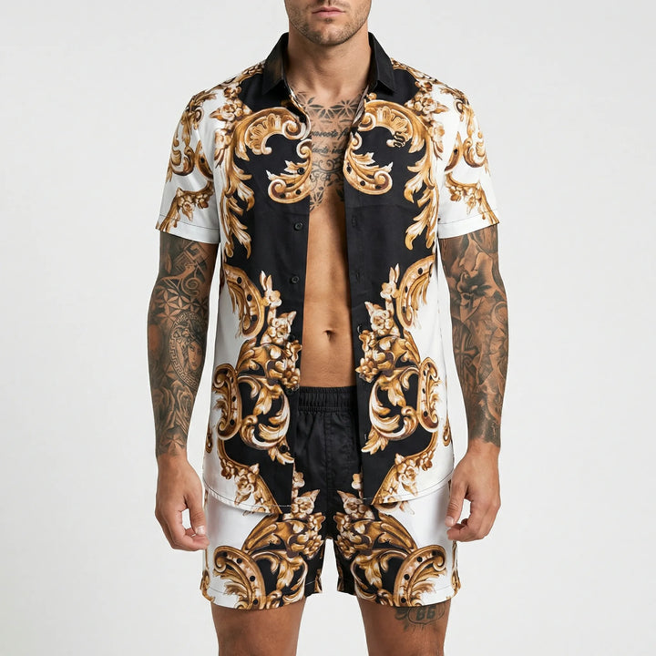 Men's relaxed fit graphic printed summer shirt, part of a casual two-piece vacation set.