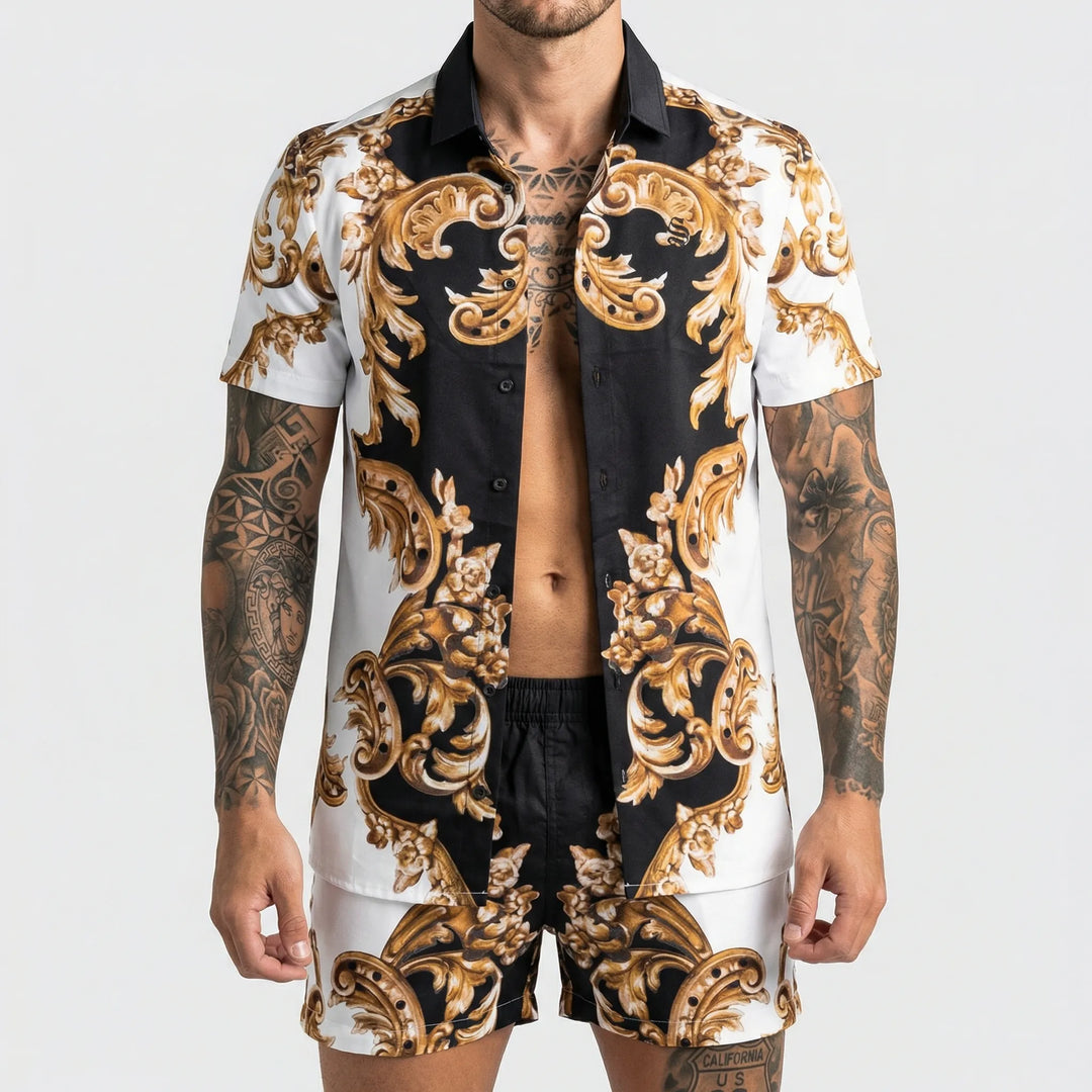 Men's casual vacation outfit: vibrant graphic printed relaxed fit summer two-piece set.