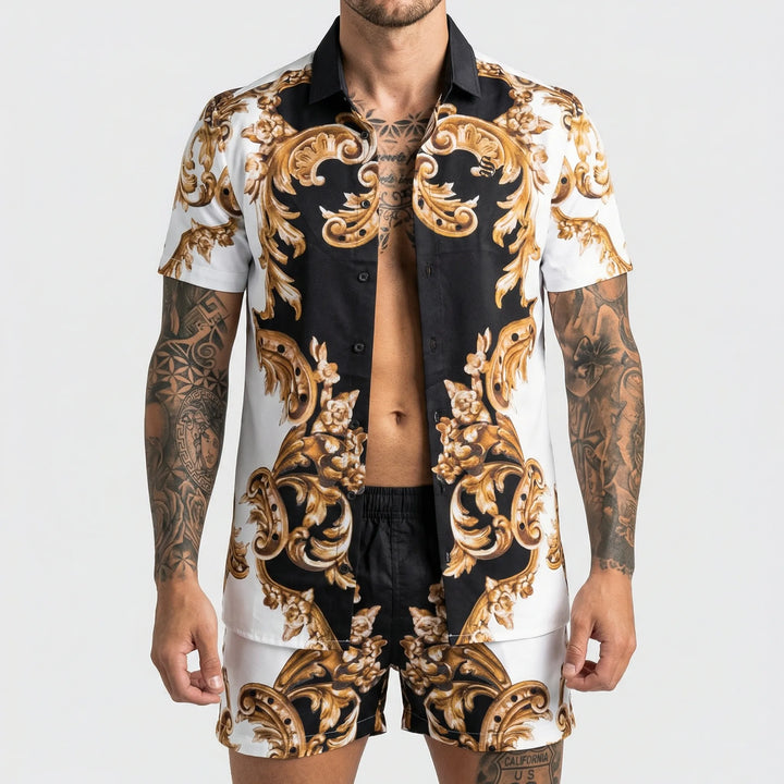 Men's casual vacation outfit: vibrant graphic printed relaxed fit summer two-piece set.