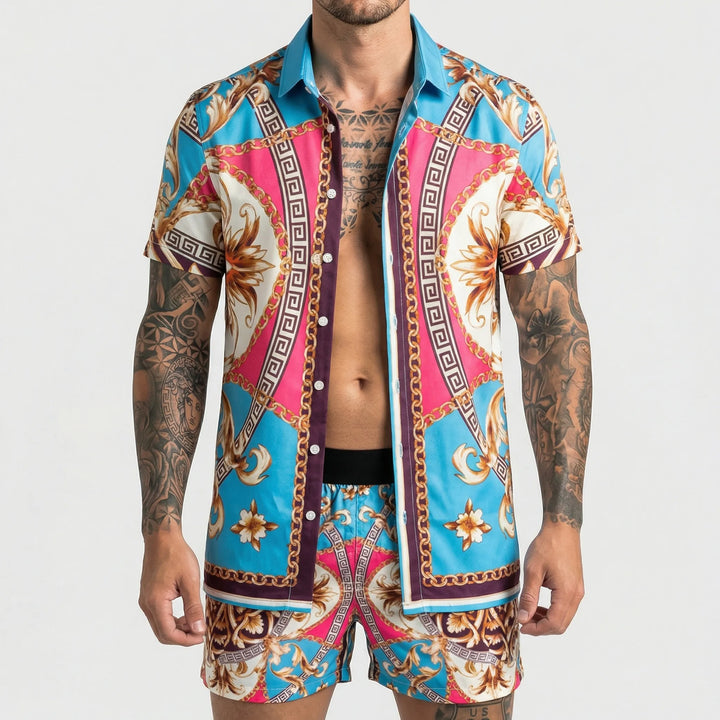 Men's stylish two-piece summer set, printed shirt & shorts for a relaxed casual fashion outfit.
