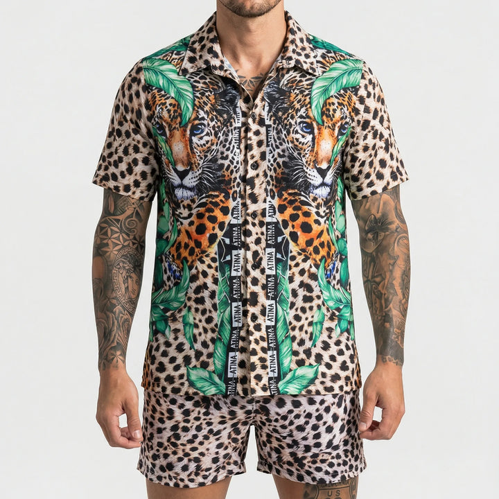 Comfortable men's relaxed fit printed summer two-piece set, perfect for casual vacation wear.
