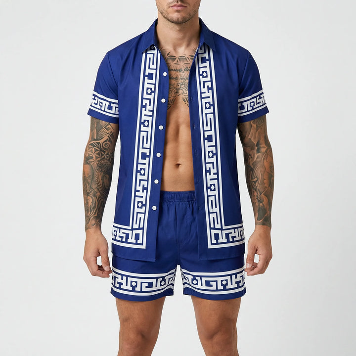 Fashionable men's vibrant graphic printed summer two-piece set: relaxed fit shorts & shirt.