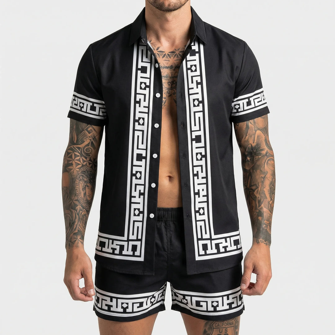 Men's printed summer two-piece set featuring a relaxed fit graphic shirt and matching shorts.