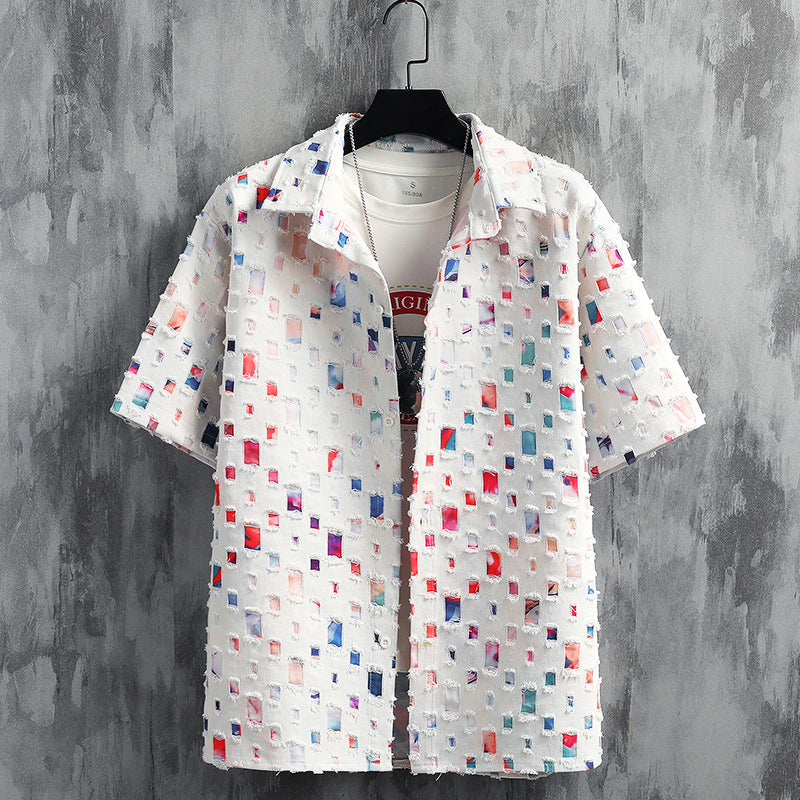 Stylish men's vibrant casual set with frayed accents, modern two-piece outfit for spring and summer leisure.