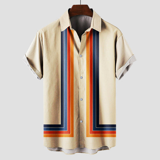 Men's vibrant striped retro shirt, short sleeve, vintage style for casual summer wear.