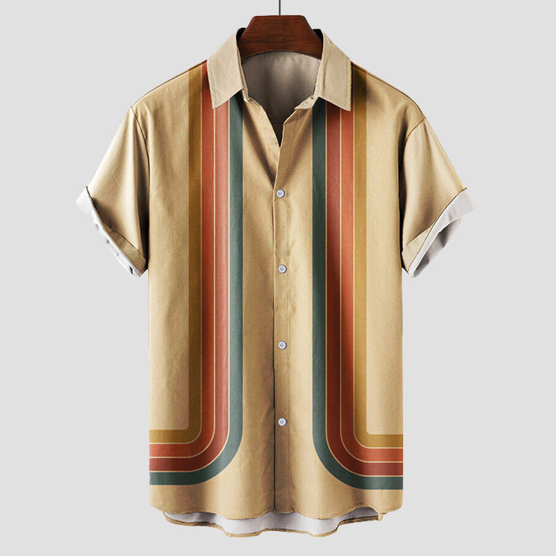 Beige khaki men's retro striped shirt, comfortable short sleeve summer top, easy care fashion.
