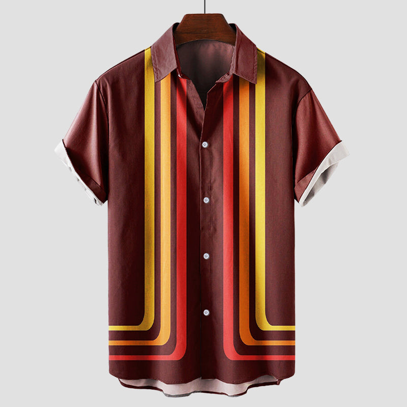 Stylish brown & blue striped men's shirt, short sleeve, vintage fashion for casual summer comfort.