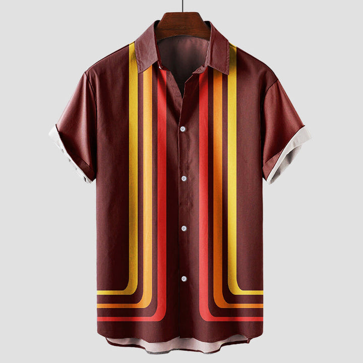 Stylish brown & blue striped men's shirt, short sleeve, vintage fashion for casual summer comfort.