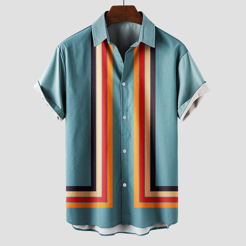 Comfortable men's vintage striped short sleeve shirt, perfect for casual summer fashion & retro style.