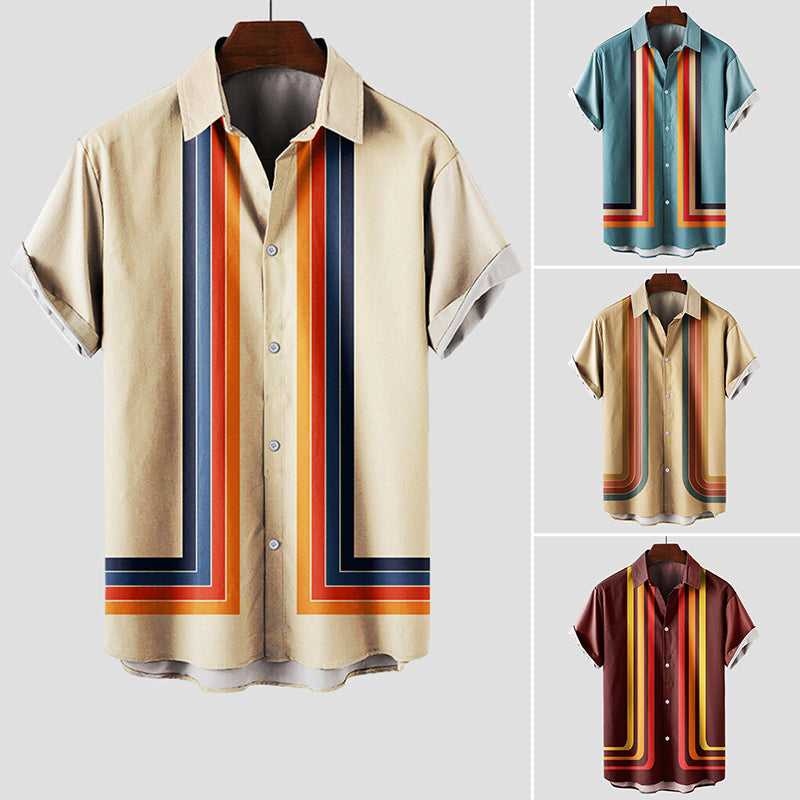 Men's retro striped short sleeve shirt in a vibrant beige, khaki, and brown pattern, ideal for summer.