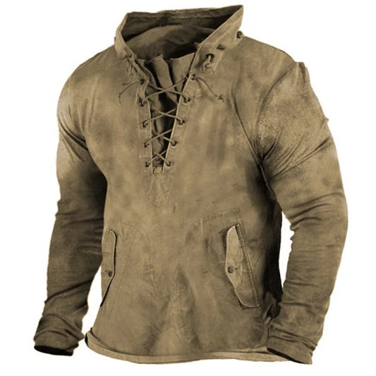 Men's Viking style pullover hoodie, rugged grey fabric, comfortable winter wear for cold weather.