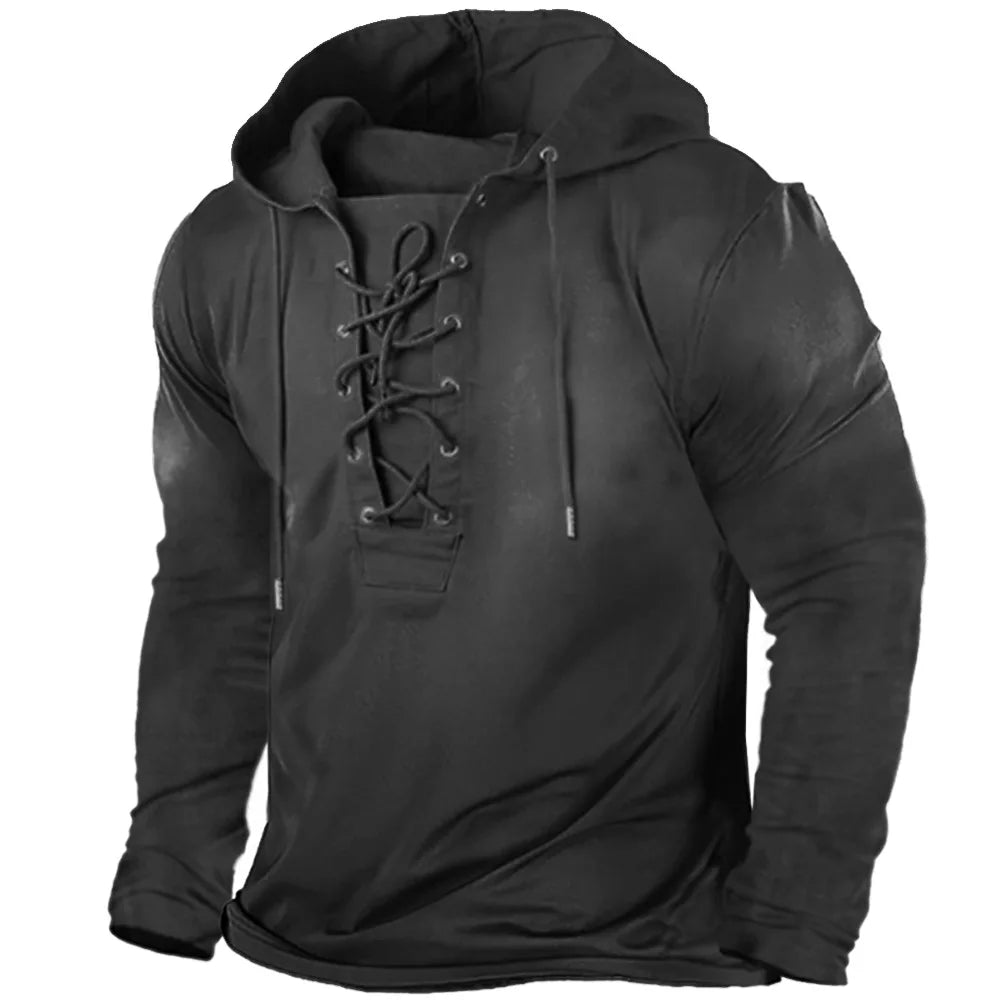 Adjustable drawstrings on men's Viking pullover hoodie, rugged winter comfort, medieval style.