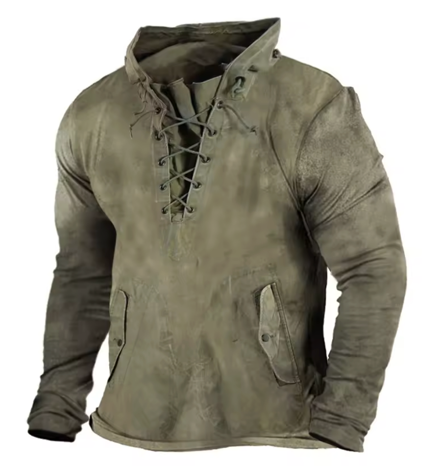 Norse warrior men's pullover hoodie, rugged and comfortable, essential medieval style winter outerwear.