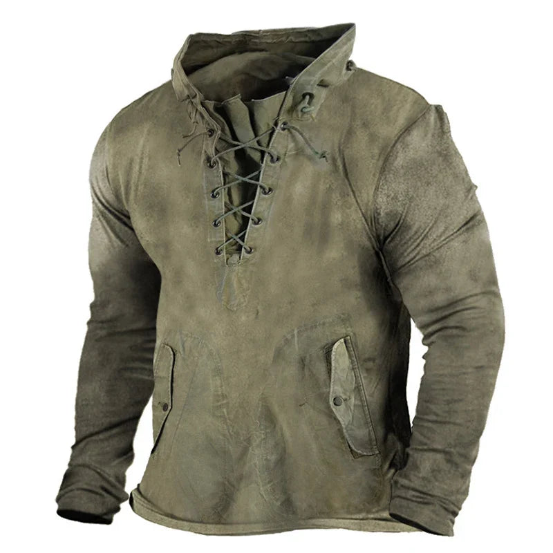 Textured men's Viking warrior hoodie, pullover design, rugged winter comfort for casual outerwear.