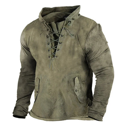 Textured men's Viking warrior hoodie, pullover design, rugged winter comfort for casual outerwear.