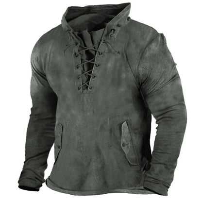 Side view of men's comfortable Viking hoodie, pullover style, rugged medieval fashion for winter.