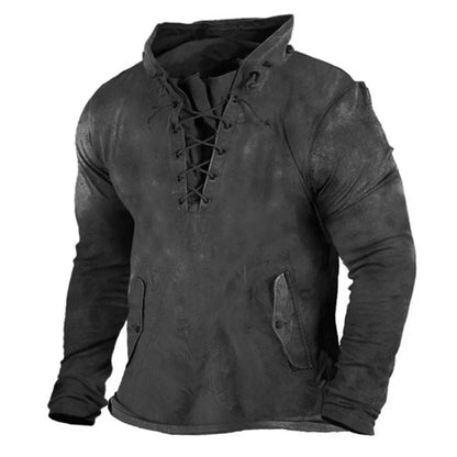 Adjustable hood on men's Viking pullover hoodie, warrior style, rugged winter comfort.