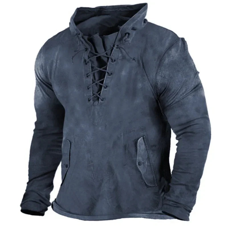 Front pouch pocket on men's Viking pullover hoodie, rugged winter comfort, casual outerwear.