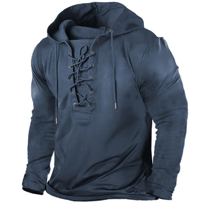 Man wearing rugged Viking pullover hoodie, comfortable winter fashion, ideal for cold weather.