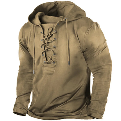 Medieval Norse warrior style men's pullover hoodie, rugged winter comfort, fashionable outerwear.