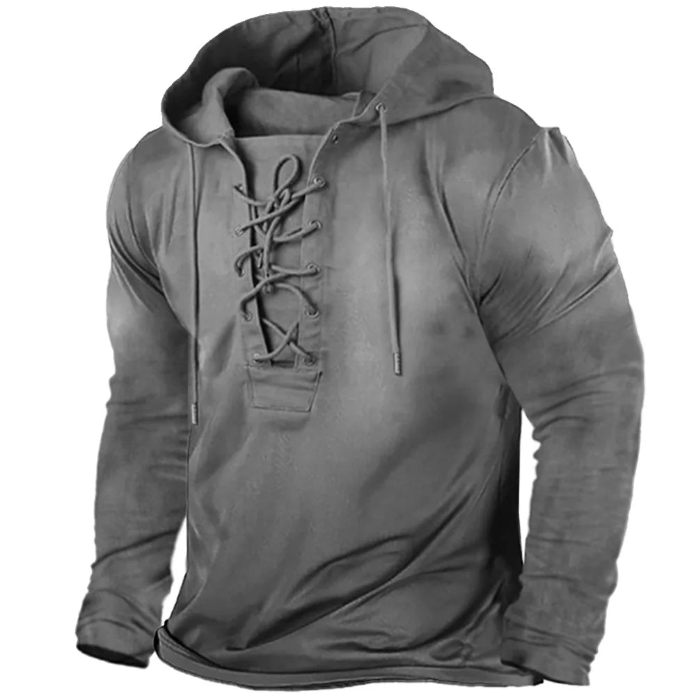 Back of men's rugged Viking pullover hoodie, comfortable winter wear, Norse warrior style.