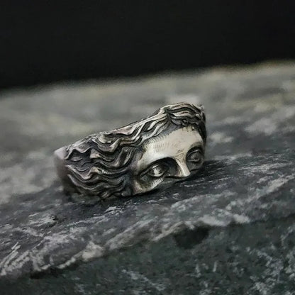 Men's vintage Aphrodite ring, resizable stainless steel band. Elegant statement jewelry for him.