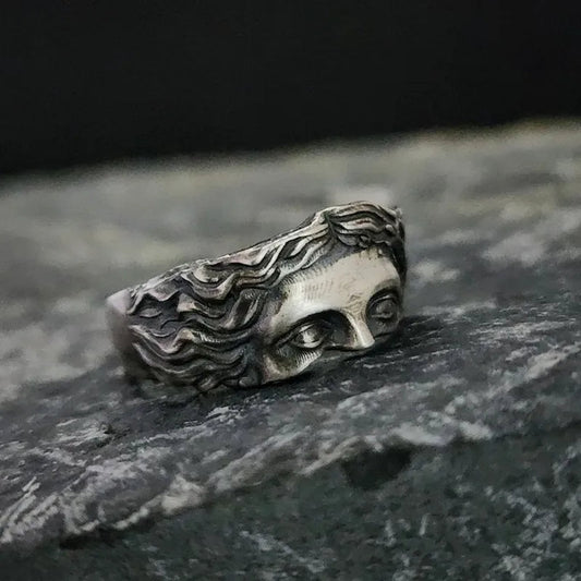 Men's vintage Aphrodite ring, resizable stainless steel band. Elegant statement jewelry for him.