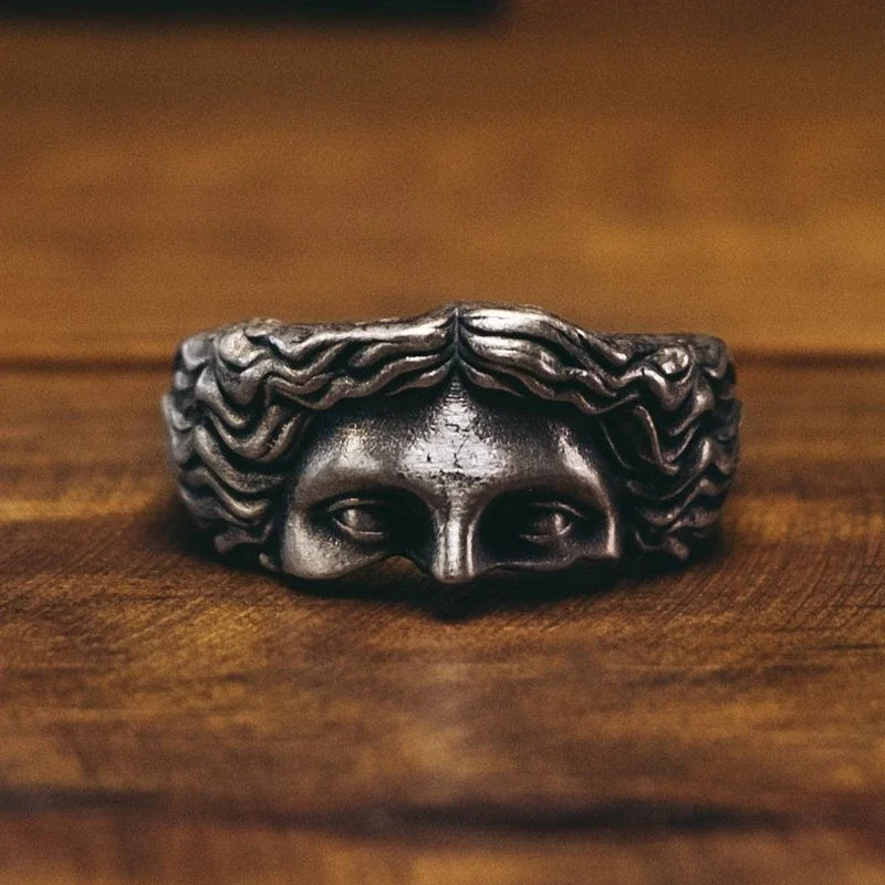 Durable men's resizable stainless steel ring with vintage Aphrodite design. Silver-tone steel band.