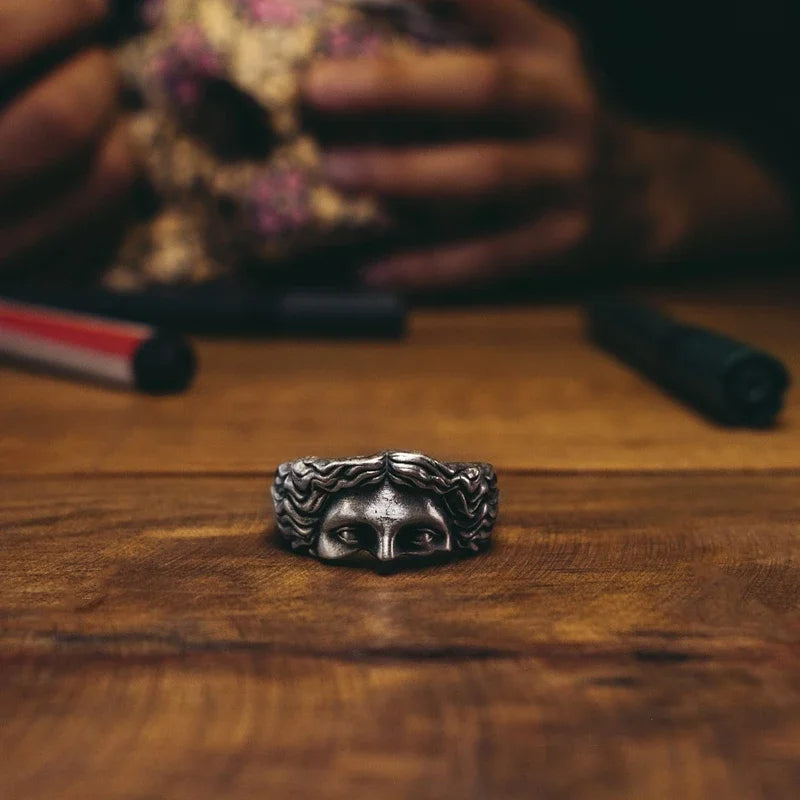 Bold men's vintage Aphrodite statement ring. Resizable, durable stainless steel band in silver tone.