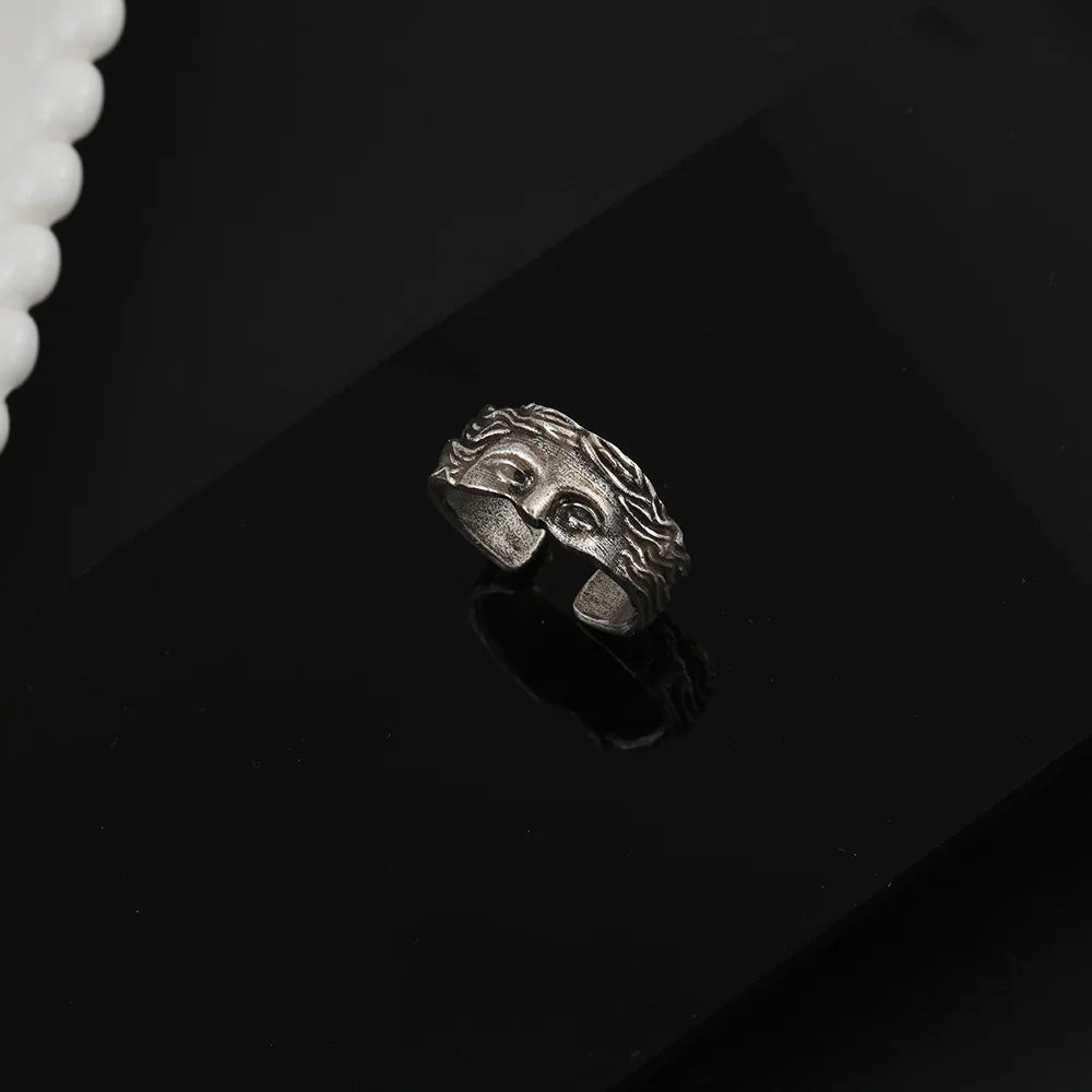 Vintage men's Aphrodite ring, resizable stainless steel band. Durable silver-tone statement jewelry for men.