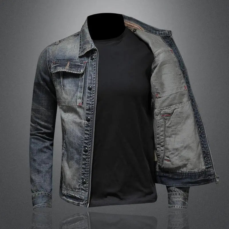 Blue denim men's jacket, vintage wash, button-up design. Stylish casual outerwear for men's fashion.