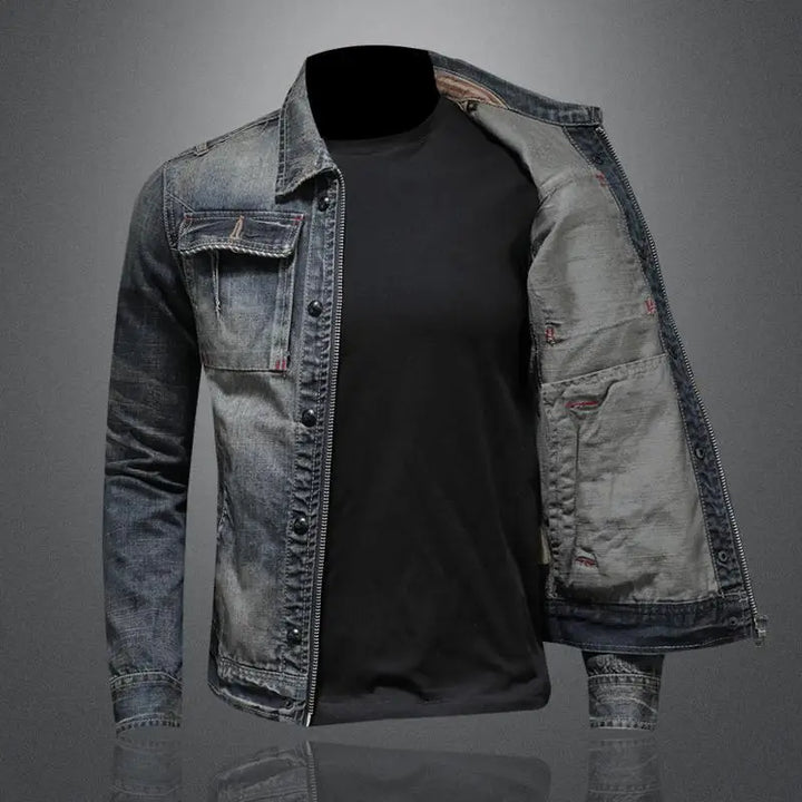 Blue denim men's jacket, vintage wash, button-up design. Stylish casual outerwear for men's fashion.