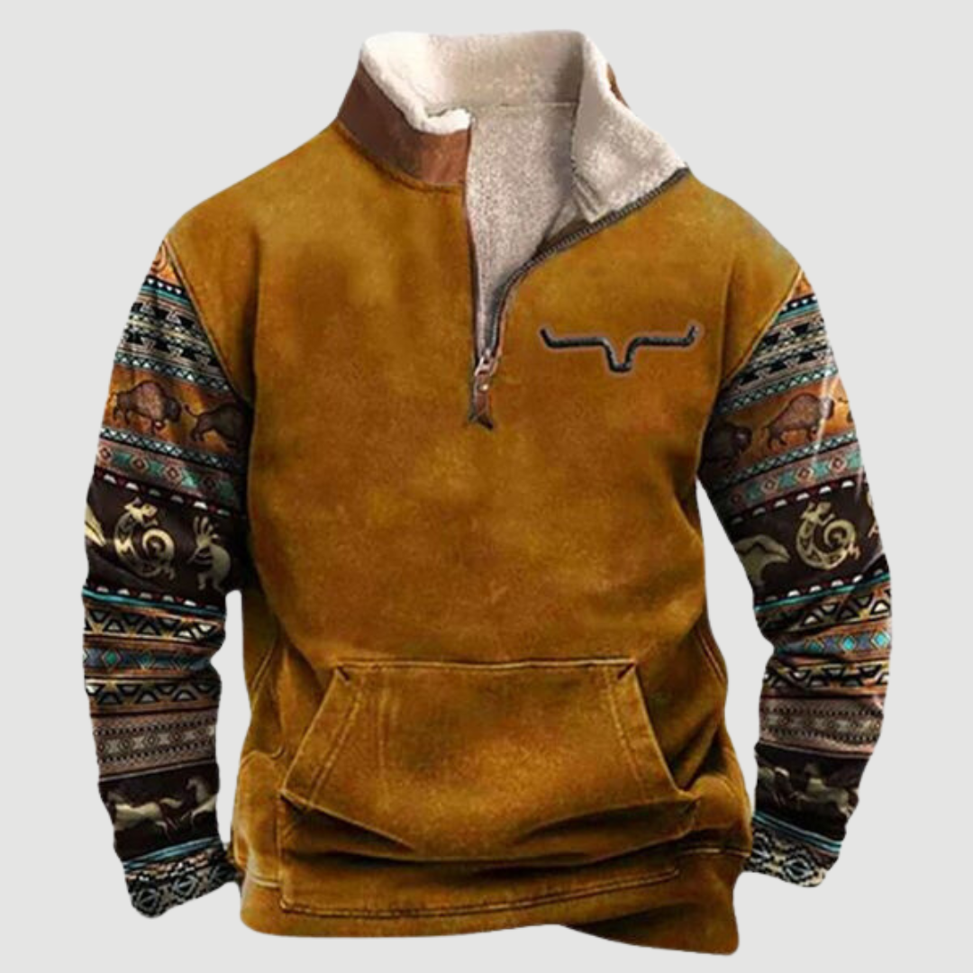 Warm men's fleece zip jumper, comfortable vintage winter pullover in a classic design.