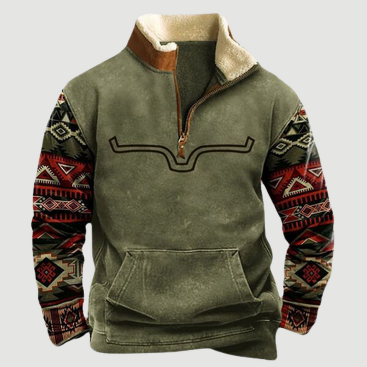 Cozy men's long-sleeve fleece zip jumper, a stylish vintage pullover for chilly winter days.