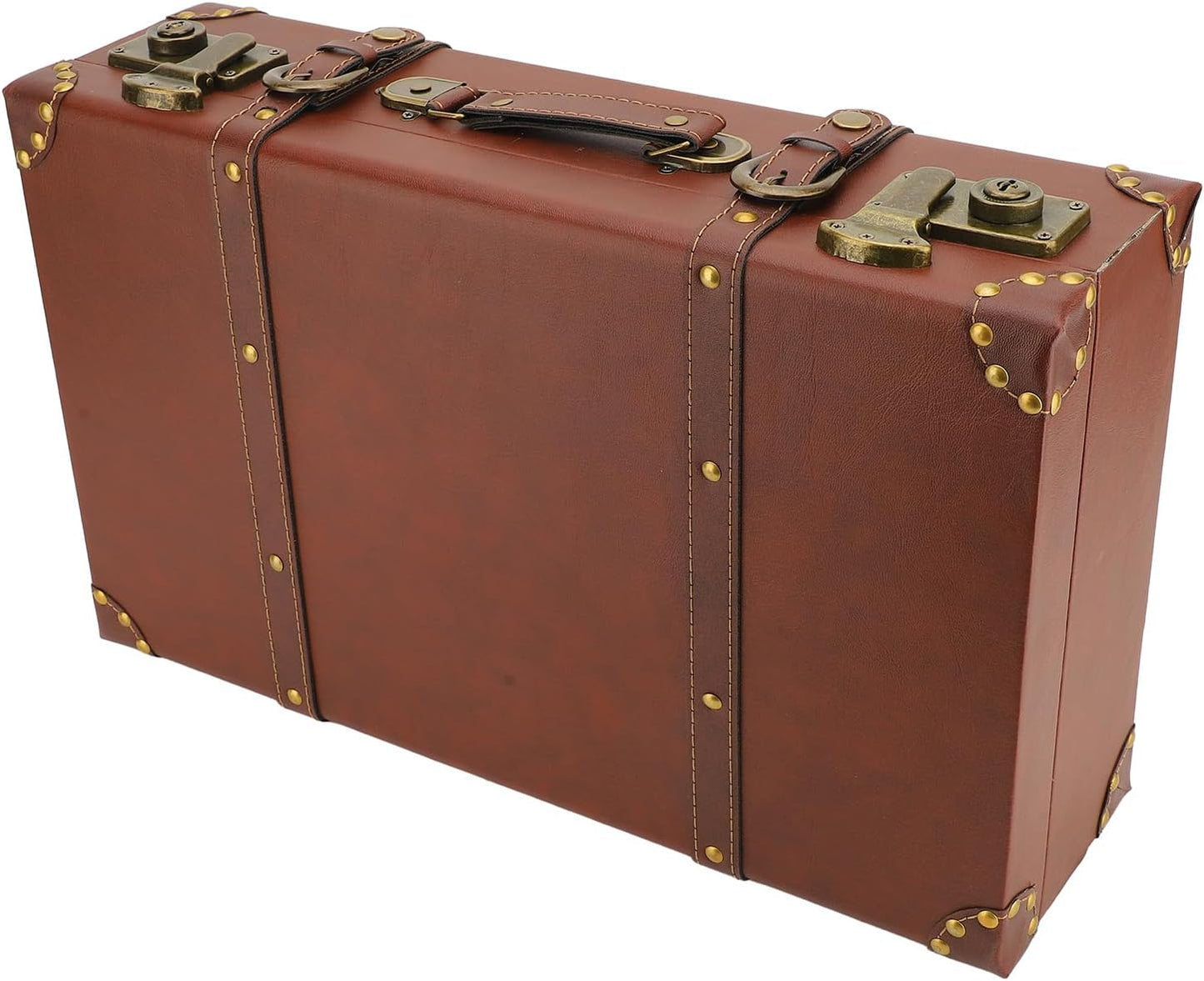 Heritage brown men's vintage leather travel trunk. Stylish carry-on overnight bag with secure clasps.