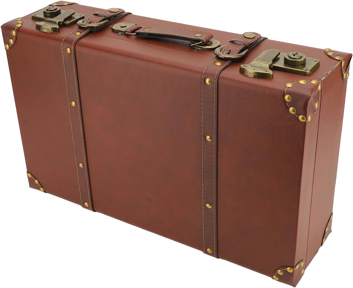 Heritage brown men's vintage leather travel trunk. Stylish carry-on overnight bag with secure clasps.