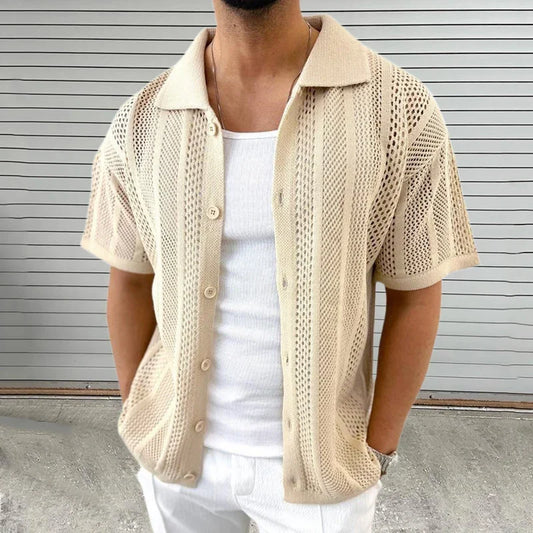 Men's vintage hollow knit short sleeve shirt. Breathable, casual summer button-up for stylish men's fashion.