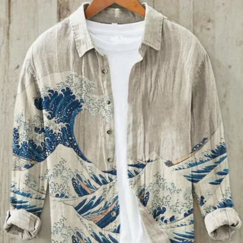 Men's vintage Japanese art print shirt featuring iconic Great Wave design, long sleeve, casual style.
