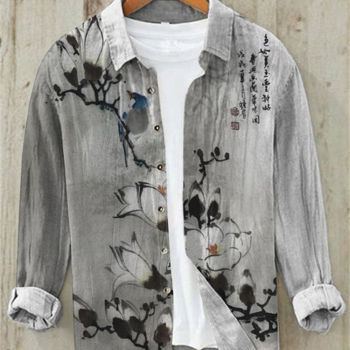 Men's casual button-up long sleeve shirt, featuring classic vintage Japanese Great Wave art print design.